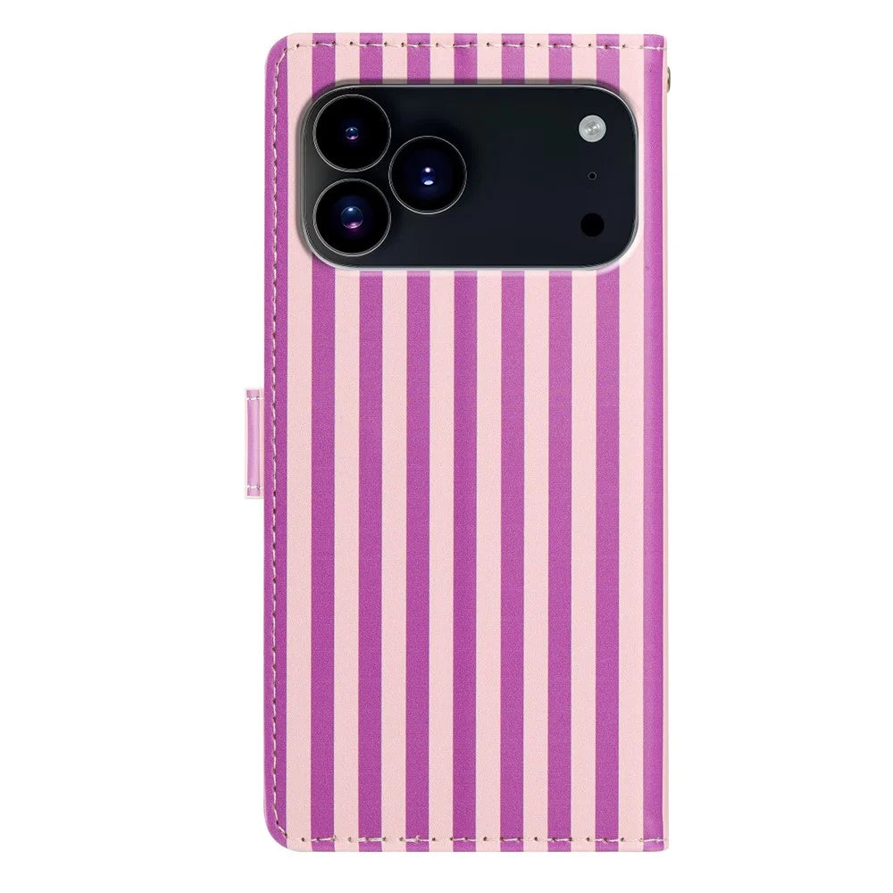 For iPhone 18 Pro Max / 17 Pro Max Wallet Case Vintage Stripes Leather Stand Flip Phone Cover with Wrist Strap - Purple - 7