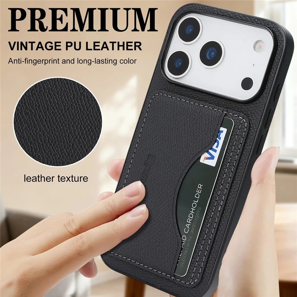 HGUANCASE For iPhone 18 Pro Max / 17 Pro Max Case Vintage Leather TPU Phone Cover with Magnetic Card Holder Kickstand - Black - 5