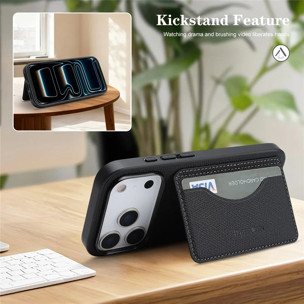 HGUANCASE For iPhone 18 Pro Max / 17 Pro Max Case Vintage Leather TPU Phone Cover with Magnetic Card Holder Kickstand - Black - 6