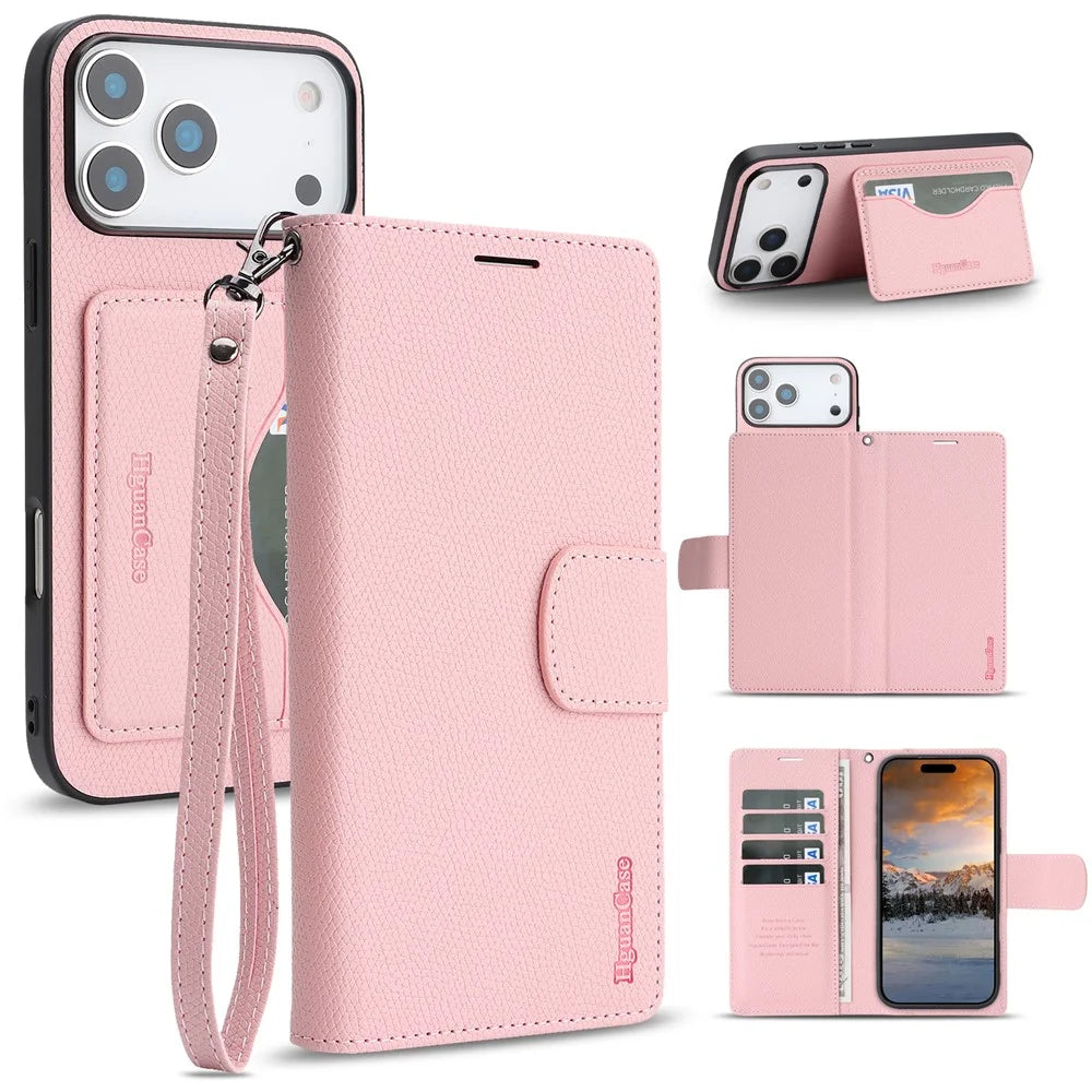 HGUANCASE For iPhone 18 Pro Max / 17 Pro Max Case Wallet Stand Detachable Vintage Leather Phone Cover with Wrist Strap - Pink - 1