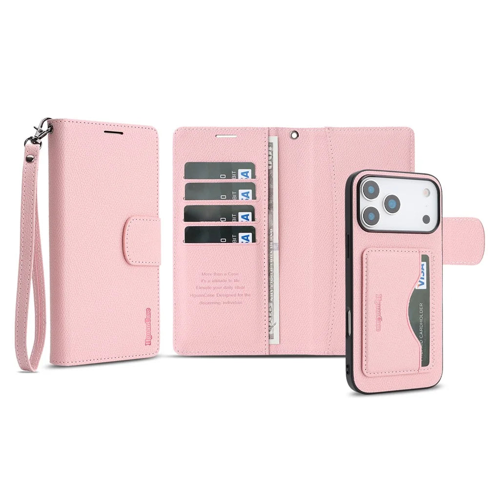 HGUANCASE For iPhone 18 Pro Max / 17 Pro Max Case Wallet Stand Detachable Vintage Leather Phone Cover with Wrist Strap - Pink - 2
