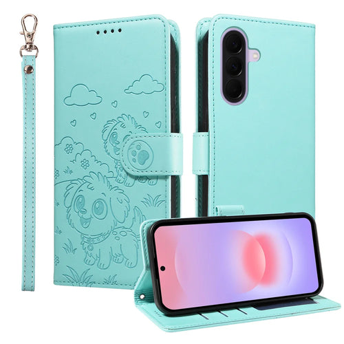 For Samsung Galaxy A27 5G Case RFID Blocking Imprinted Dog Pattern PU Leather Phone Cover with Wrist Strap - Green - 1