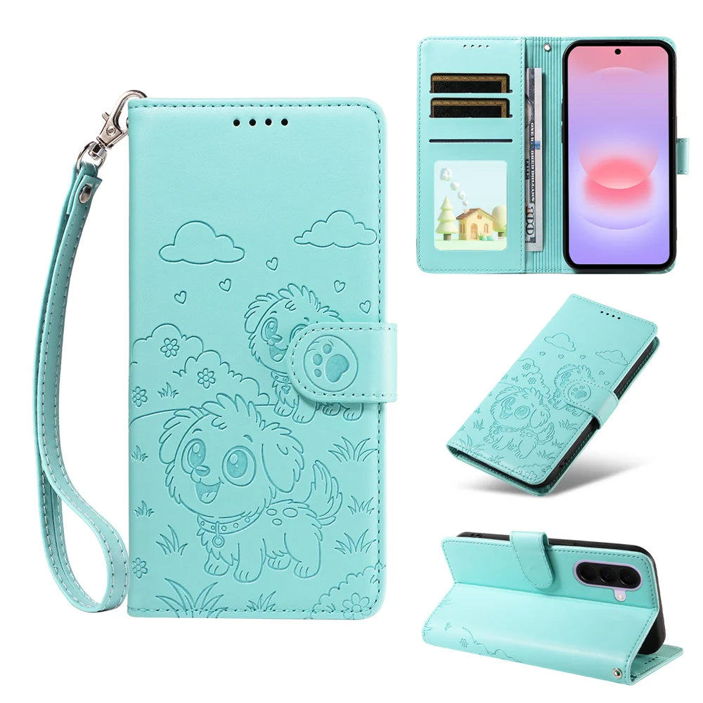 For Samsung Galaxy A27 5G Case RFID Blocking Imprinted Dog Pattern PU Leather Phone Cover with Wrist Strap - Green - 2