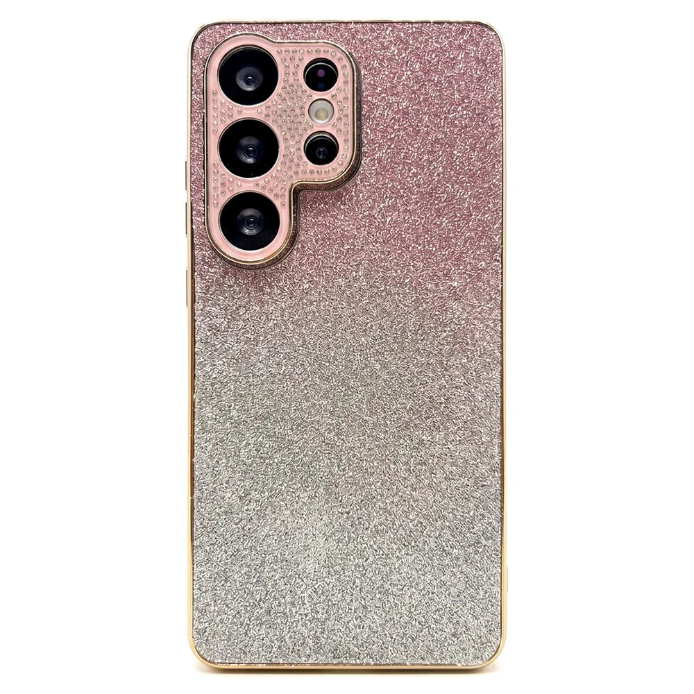 For Samsung Galaxy S26 Ultra Case Rhinestone Camera Frame Gradient Glitter PC+TPU Phone Cover with Electroplated Frame - Gradient Pink - 1