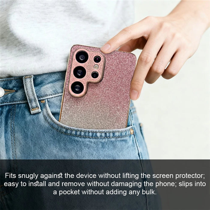 For Samsung Galaxy S26 Ultra Case Rhinestone Camera Frame Gradient Glitter PC+TPU Phone Cover with Electroplated Frame - Gradient Pink - 3