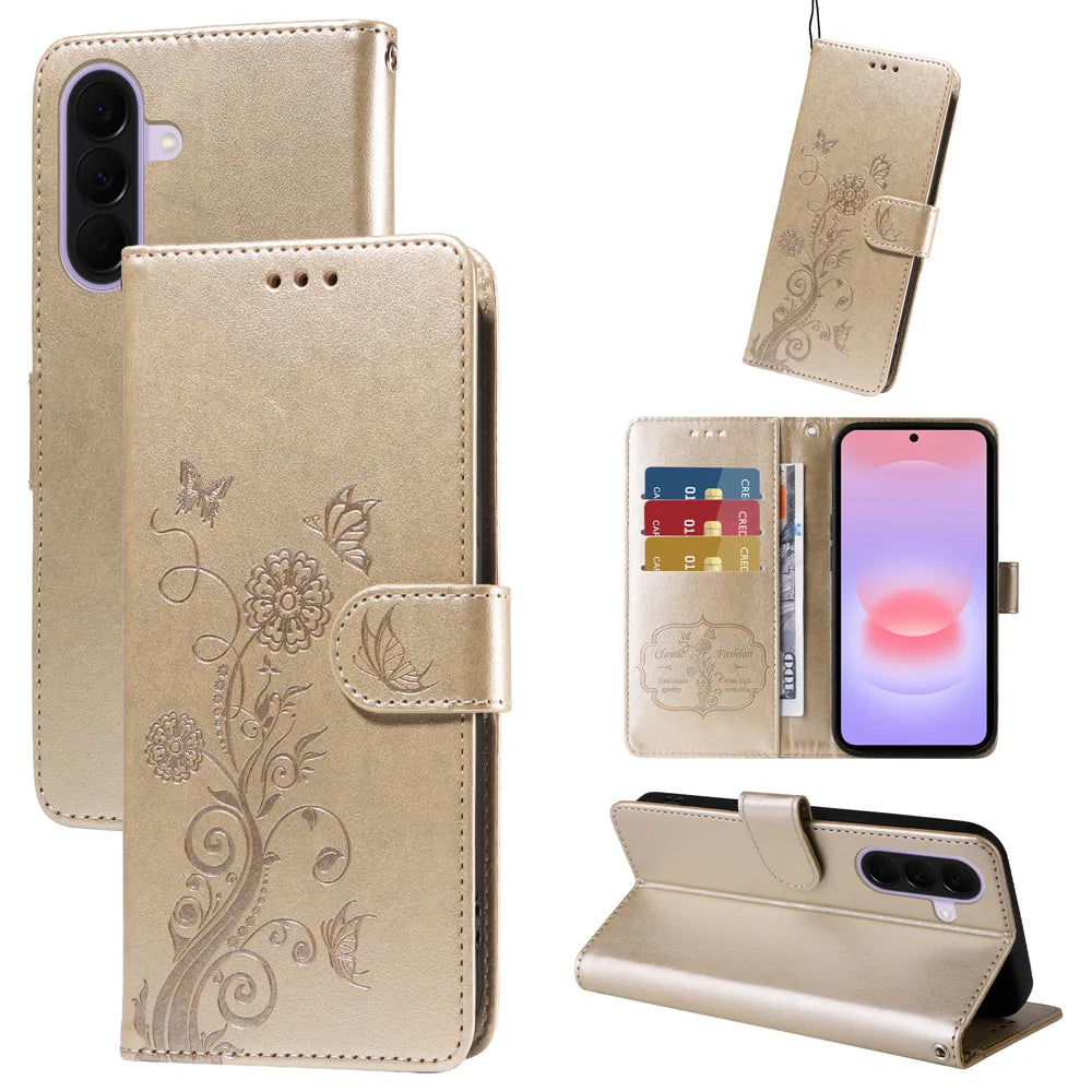 For Samsung Galaxy A27 5G Leather Case Butterfly Floral Imprint Wallet Stand Cover - Golden - 2