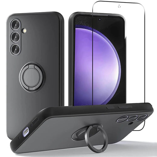 For Samsung Galaxy A27 5G Case Liquid Silicone Kickstand Cover with 2.5D Arc Edge Tempered Glass Film - Black - 1