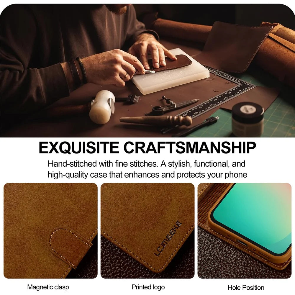 LC.IMEEKE For Samsung Galaxy A27 5G Case Wallet Calf Texture Leather Phone Cover - Yellow - 6