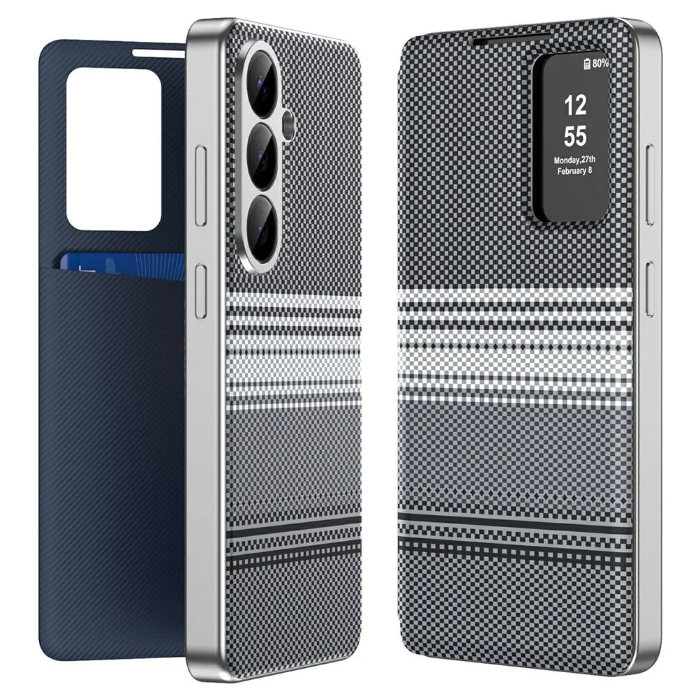 For Samsung Galaxy A37 5G Case Card Slot View Window Gradient Color Checkered Pattern Leather Phone Cover - Black - 1