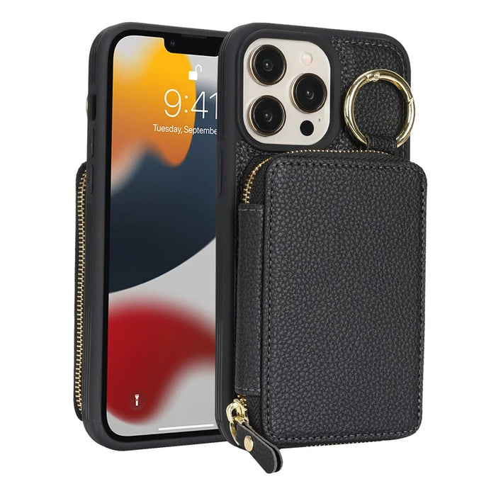 For iPhone 12 Pro Max  /  13 Pro Max Zipper Wallet Case Litchi Texture Leather Back Phone Cover with Metal Ring Holder - Black - 1