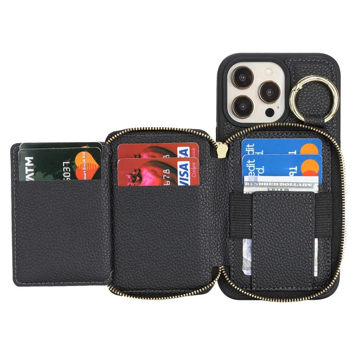 For iPhone 12 Pro Max  /  13 Pro Max Zipper Wallet Case Litchi Texture Leather Back Phone Cover with Metal Ring Holder - Black - 2