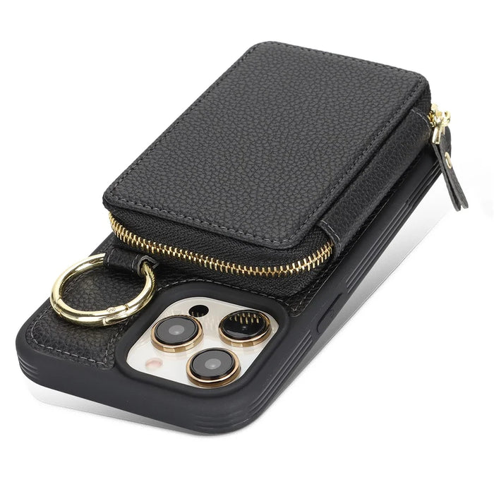 For iPhone 12 Pro Max  /  13 Pro Max Zipper Wallet Case Litchi Texture Leather Back Phone Cover with Metal Ring Holder - Black - 6