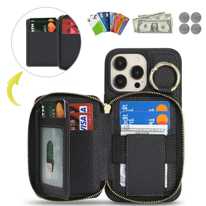 For iPhone 12 Pro Max  /  13 Pro Max Zipper Wallet Case Litchi Texture Leather Back Phone Cover with Metal Ring Holder - Black - 7