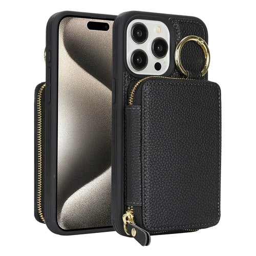 For iPhone 15 Pro Max Zipper Wallet Case Litchi Texture Leather Back Phone Cover with Metal Ring Holder - Black - 1