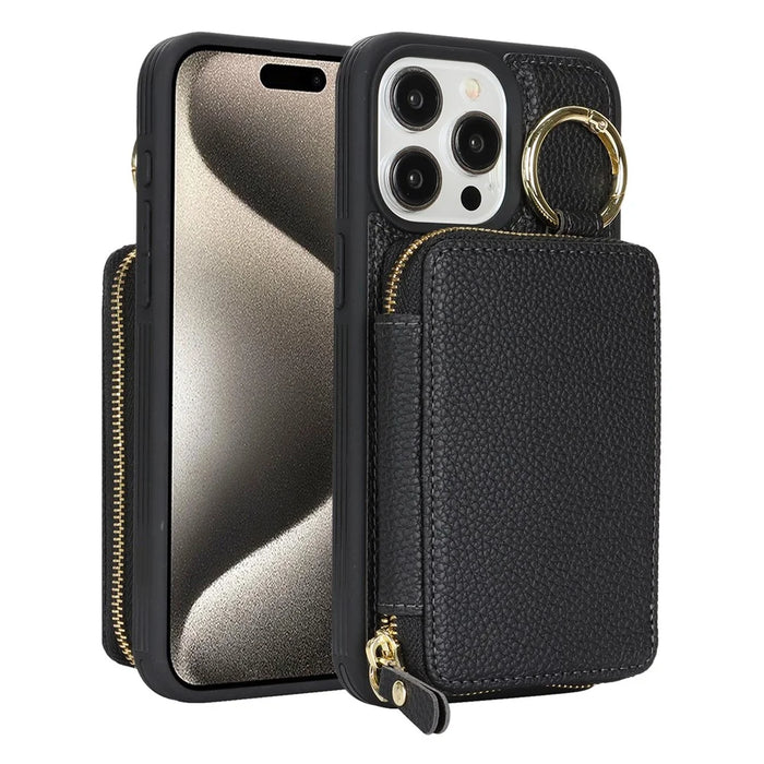 For iPhone 15 Pro Max Zipper Wallet Case Litchi Texture Leather Back Phone Cover with Metal Ring Holder - Black - 1