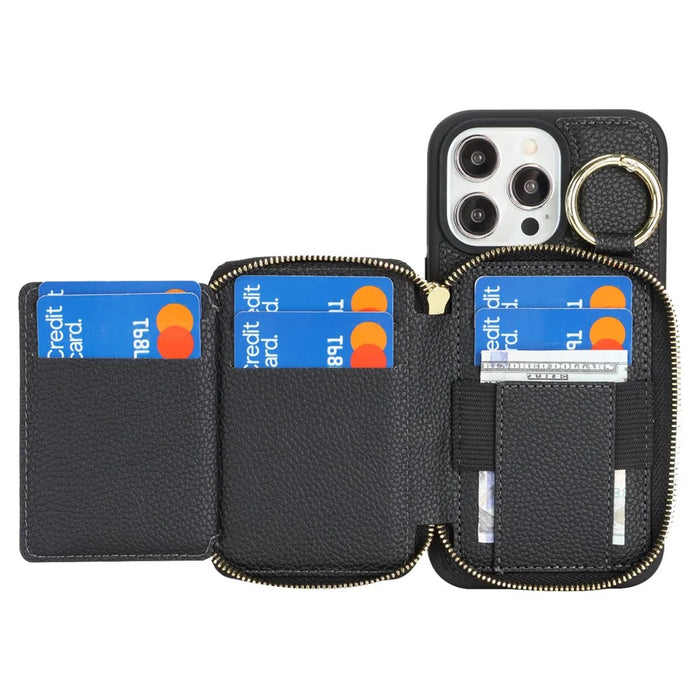 For iPhone 15 Pro Max Zipper Wallet Case Litchi Texture Leather Back Phone Cover with Metal Ring Holder - Black - 2