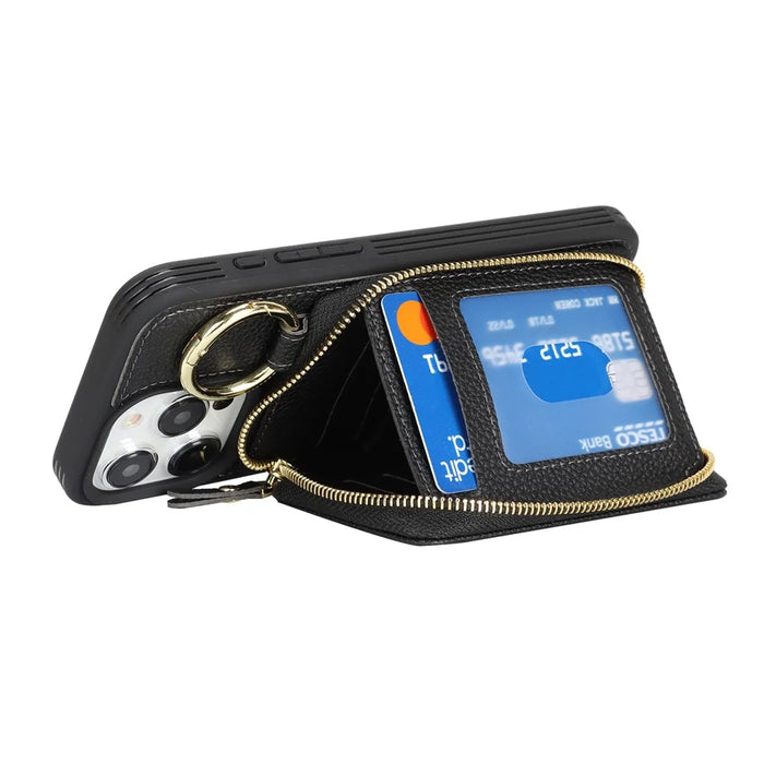 For iPhone 15 Pro Max Zipper Wallet Case Litchi Texture Leather Back Phone Cover with Metal Ring Holder - Black - 3
