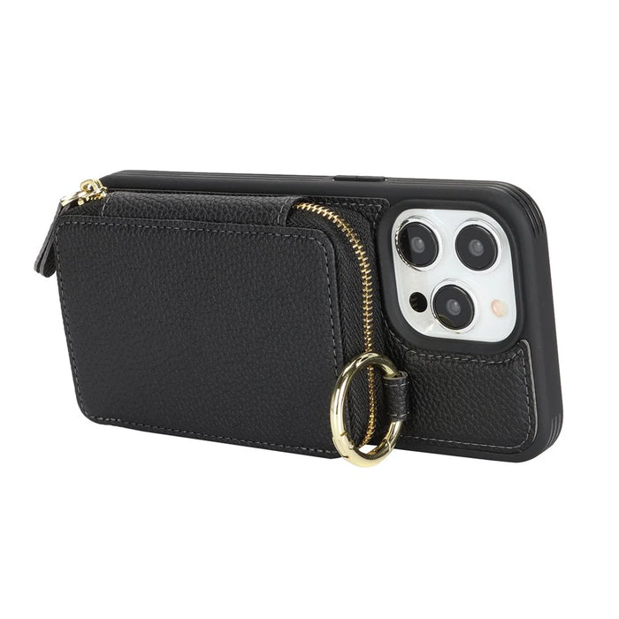 For iPhone 15 Pro Max Zipper Wallet Case Litchi Texture Leather Back Phone Cover with Metal Ring Holder - Black - 4
