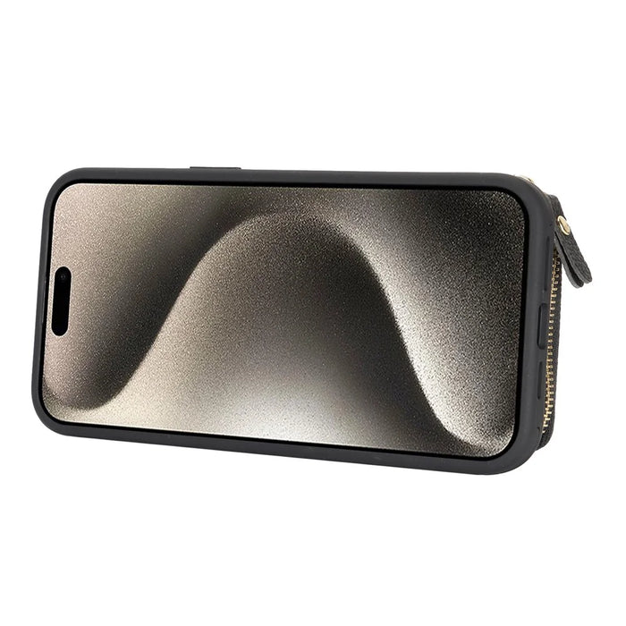 For iPhone 15 Pro Max Zipper Wallet Case Litchi Texture Leather Back Phone Cover with Metal Ring Holder - Black - 5