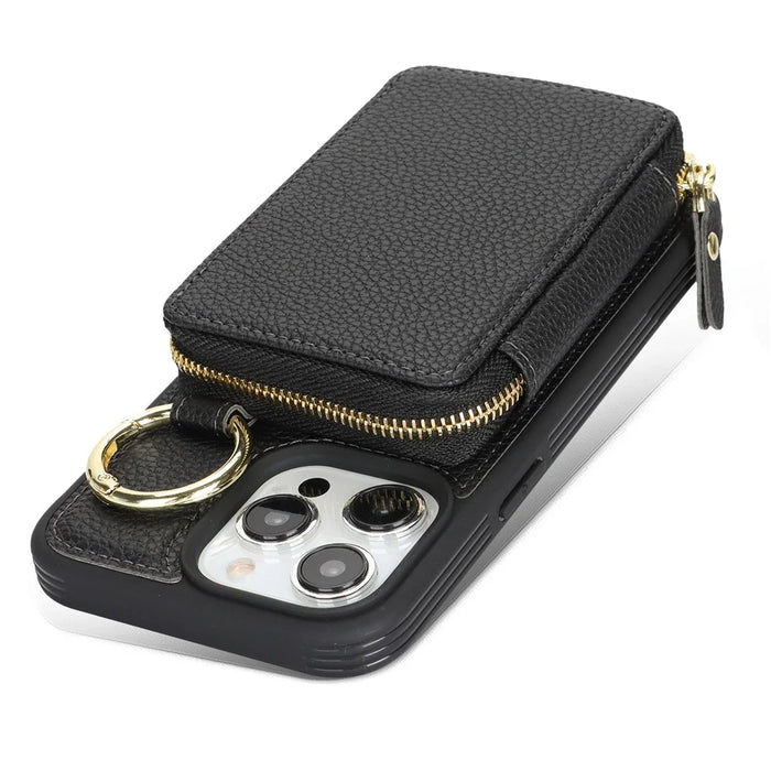 For iPhone 15 Pro Max Zipper Wallet Case Litchi Texture Leather Back Phone Cover with Metal Ring Holder - Black - 6