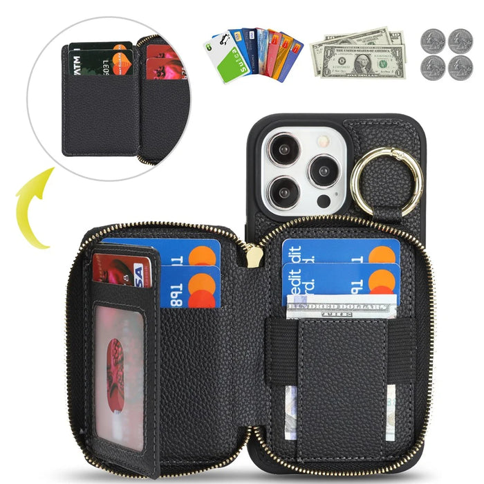 For iPhone 15 Pro Max Zipper Wallet Case Litchi Texture Leather Back Phone Cover with Metal Ring Holder - Black - 7