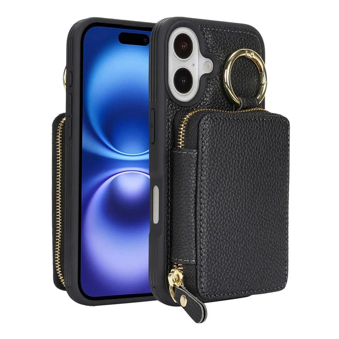 For iPhone 16 Zipper Wallet Case Litchi Texture Leather Back Phone Cover with Metal Ring Holder - Black - 1