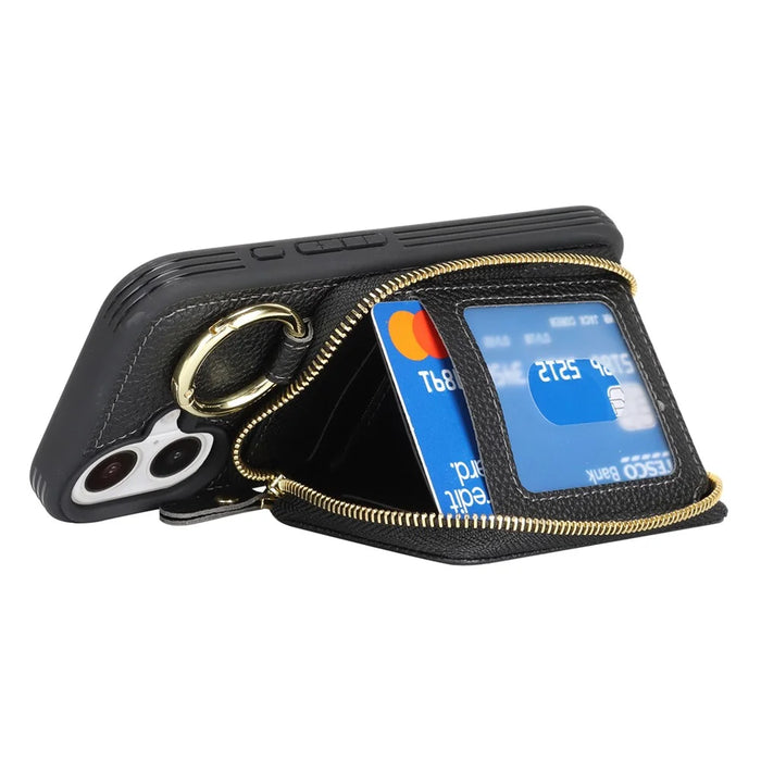 For iPhone 16 Zipper Wallet Case Litchi Texture Leather Back Phone Cover with Metal Ring Holder - Black - 3