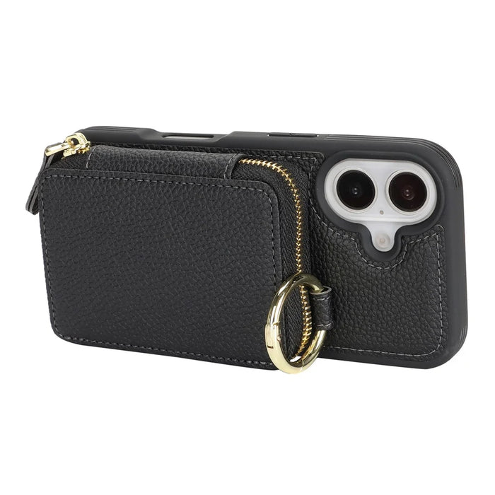 For iPhone 16 Zipper Wallet Case Litchi Texture Leather Back Phone Cover with Metal Ring Holder - Black - 5