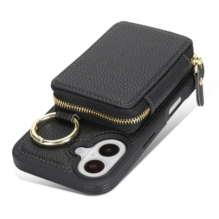 For iPhone 16 Zipper Wallet Case Litchi Texture Leather Back Phone Cover with Metal Ring Holder - Black - 6