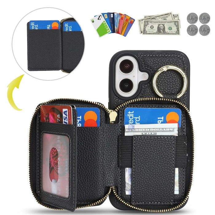 For iPhone 16 Zipper Wallet Case Litchi Texture Leather Back Phone Cover with Metal Ring Holder - Black - 7