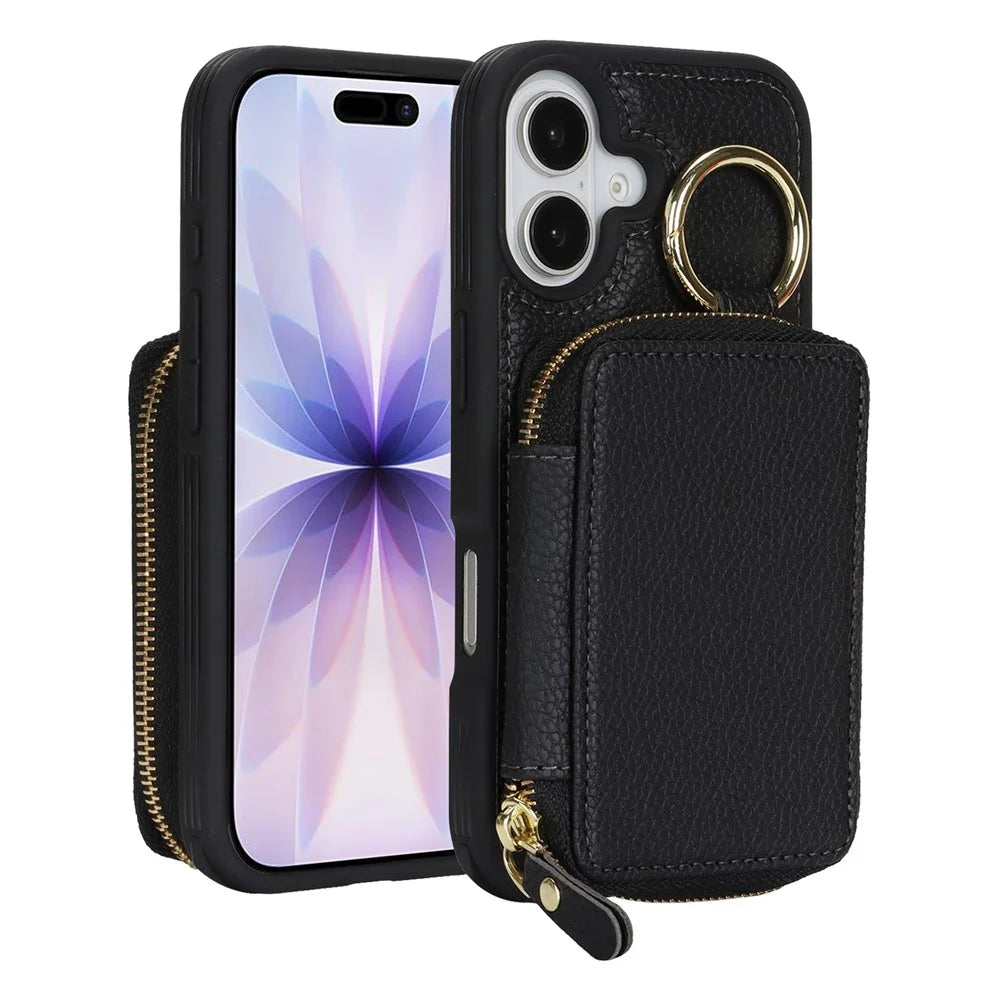 For iPhone 17 Zipper Wallet Case Litchi Texture Leather Back Phone Cover with Metal Ring Holder - Black - 1