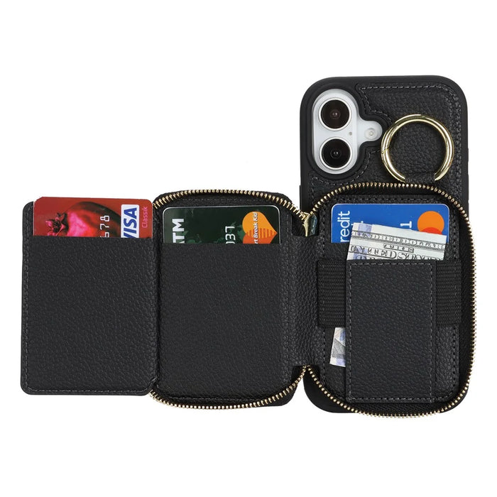 For iPhone 17 Zipper Wallet Case Litchi Texture Leather Back Phone Cover with Metal Ring Holder - Black - 2
