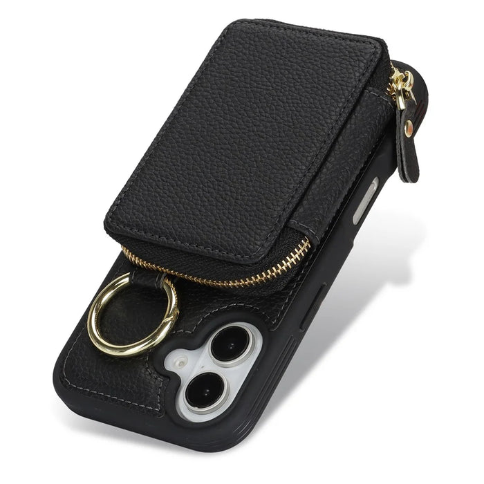 For iPhone 17 Zipper Wallet Case Litchi Texture Leather Back Phone Cover with Metal Ring Holder - Black - 4