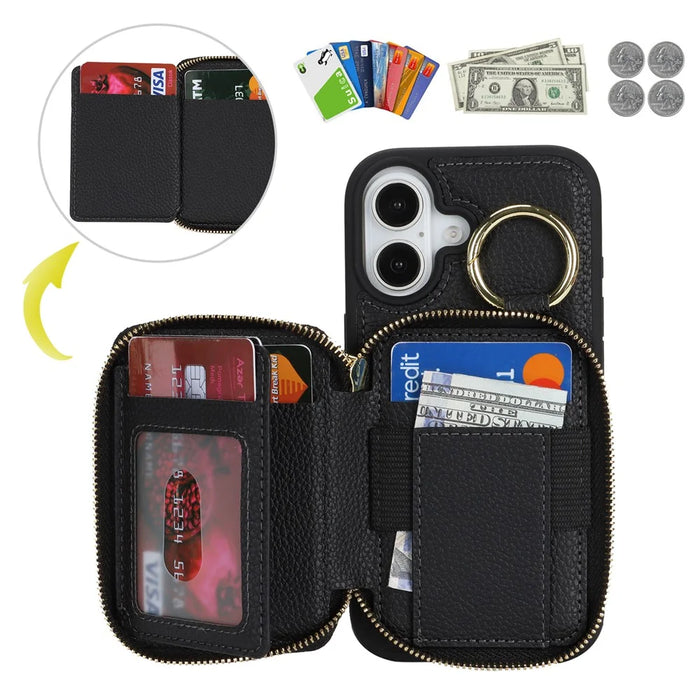 For iPhone 17 Zipper Wallet Case Litchi Texture Leather Back Phone Cover with Metal Ring Holder - Black - 5