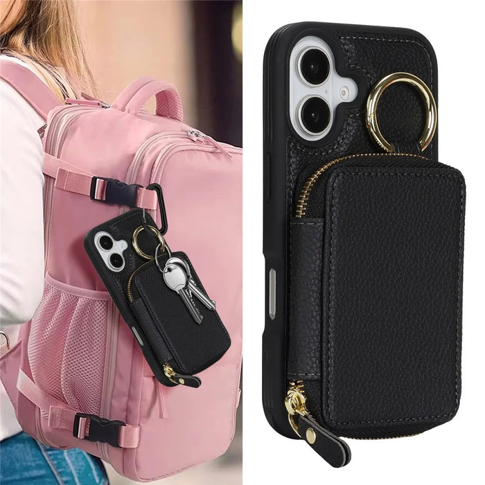 For iPhone 17 Zipper Wallet Case Litchi Texture Leather Back Phone Cover with Metal Ring Holder - Black - 7
