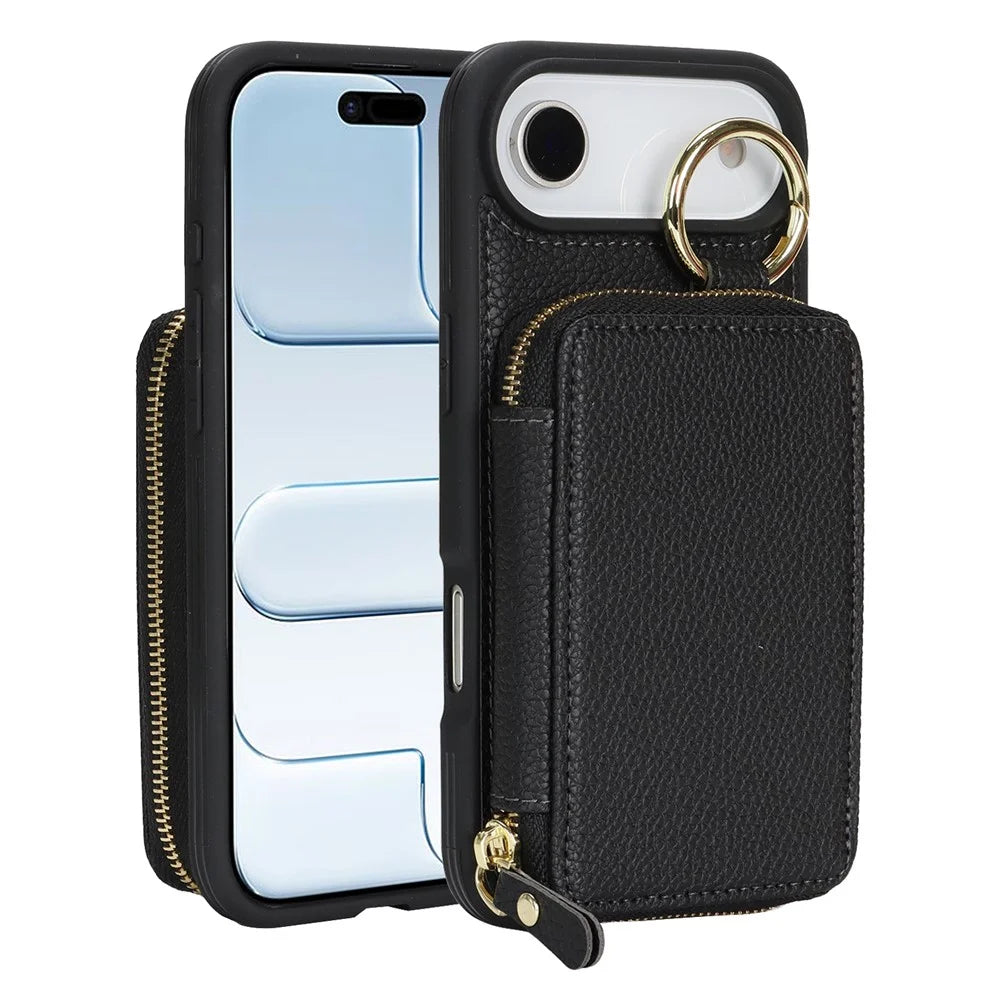 For iPhone Air Zipper Wallet Case Litchi Texture Leather Back Phone Cover with Metal Ring Holder - Black - 1