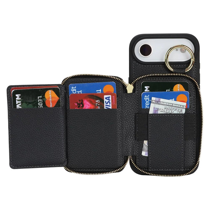 For iPhone Air Zipper Wallet Case Litchi Texture Leather Back Phone Cover with Metal Ring Holder - Black - 2