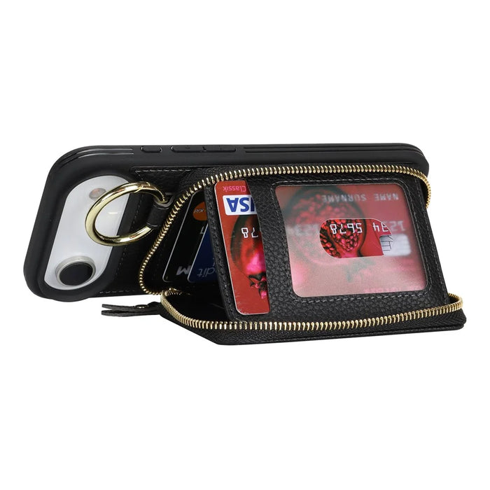 For iPhone Air Zipper Wallet Case Litchi Texture Leather Back Phone Cover with Metal Ring Holder - Black - 3