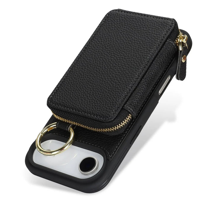 For iPhone Air Zipper Wallet Case Litchi Texture Leather Back Phone Cover with Metal Ring Holder - Black - 4