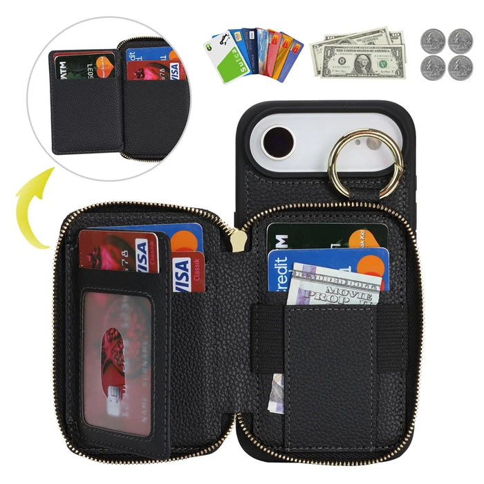 For iPhone Air Zipper Wallet Case Litchi Texture Leather Back Phone Cover with Metal Ring Holder - Black - 5
