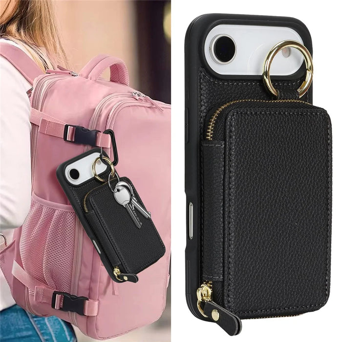 For iPhone Air Zipper Wallet Case Litchi Texture Leather Back Phone Cover with Metal Ring Holder - Black - 7