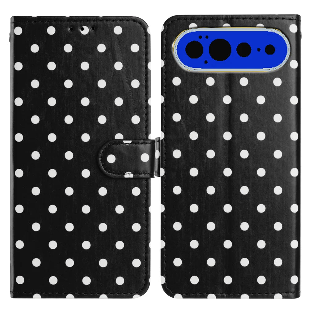 For Google Pixel 11 Pro XL Leather Case Polka Dot Pattern Wallet Stand Folio Phone Cover - Black - 1