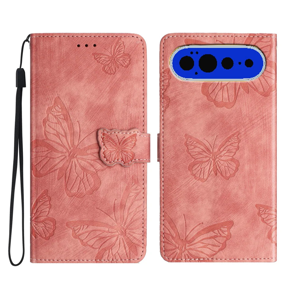 For Google Pixel 11 Pro Case Butterfly Design Flip Wallet Leather Phone Cover Skin-Touch - Pink - 1