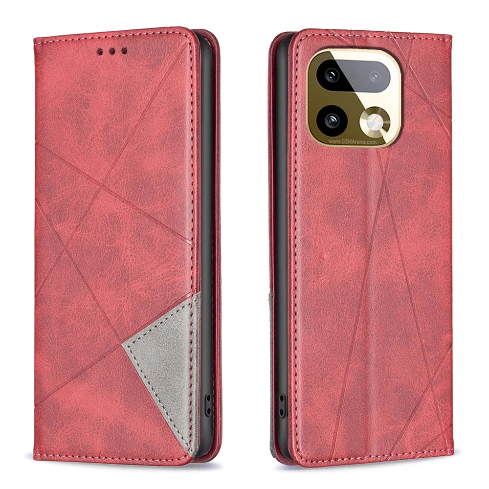 For Realme 16 Pro+ 5G Case Card Slots Geometry Imprint Leather Phone Cover - Red - 1