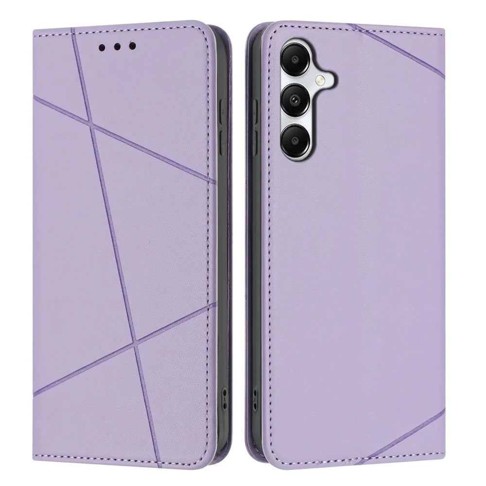 For Samsung Galaxy A27 5G Wallet Case Line Imprinted Leather Stand Phone Cover with Wrist Strap - Purple - 1