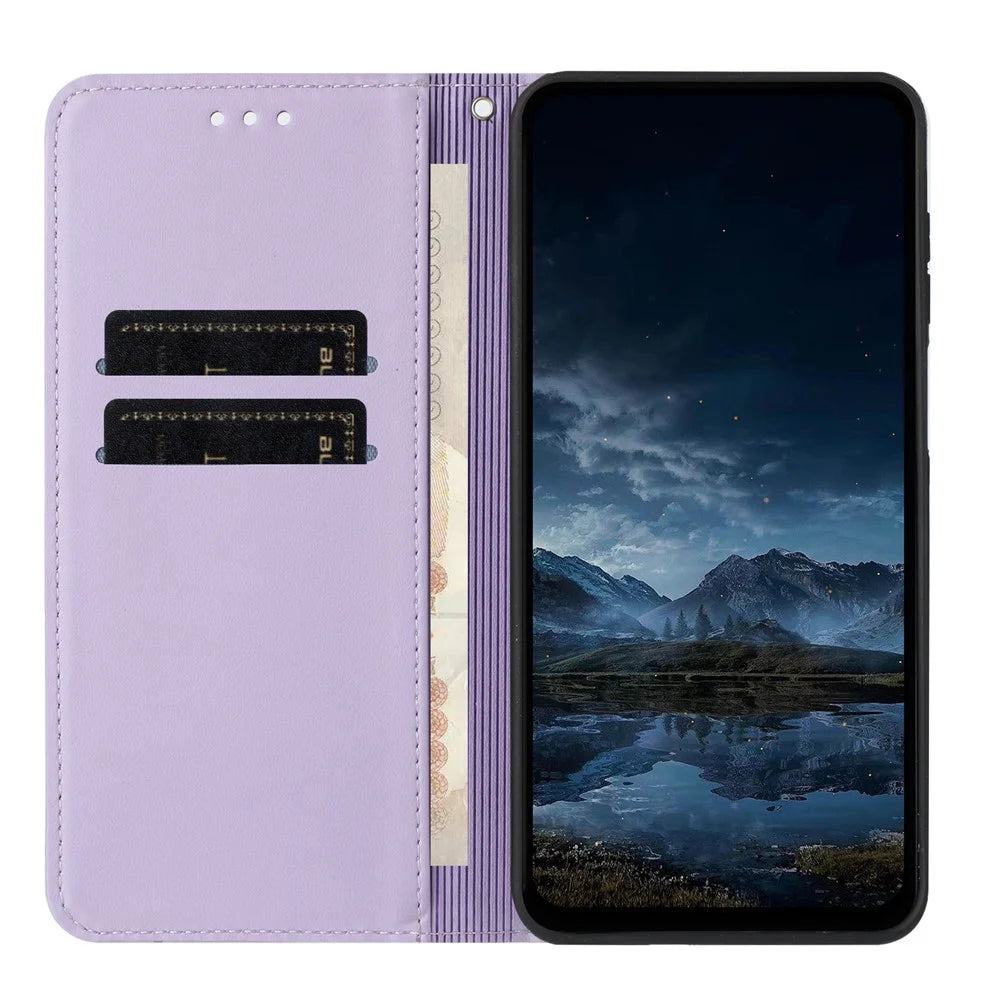 For Samsung Galaxy A27 5G Wallet Case Line Imprinted Leather Stand Phone Cover with Wrist Strap - Purple - 2