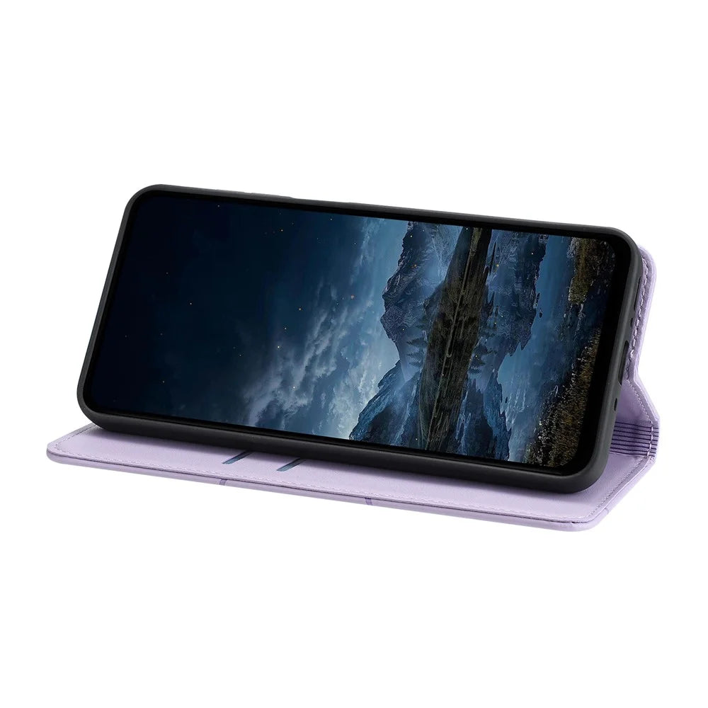 For Samsung Galaxy A27 5G Wallet Case Line Imprinted Leather Stand Phone Cover with Wrist Strap - Purple - 3