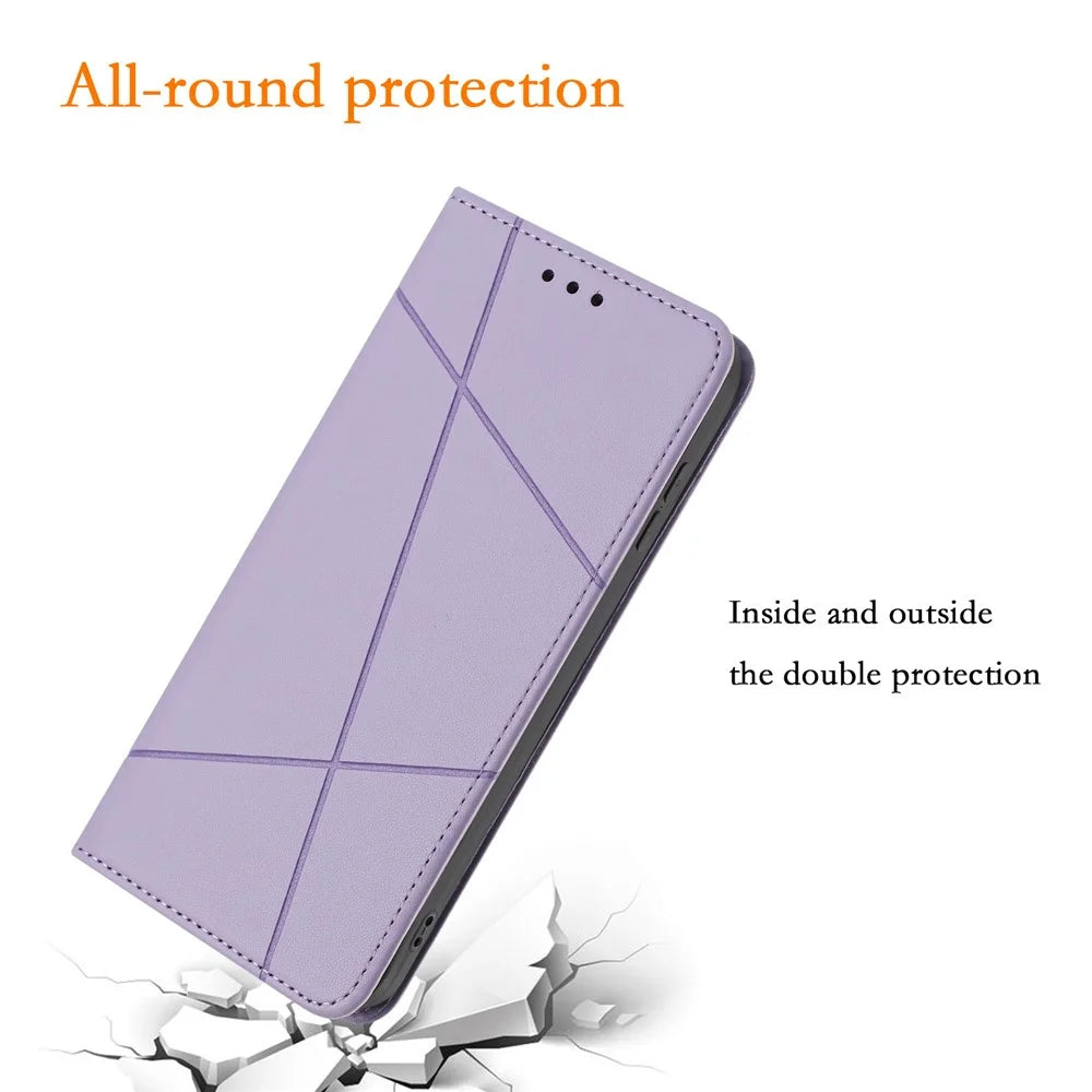 For Samsung Galaxy A27 5G Wallet Case Line Imprinted Leather Stand Phone Cover with Wrist Strap - Purple - 4