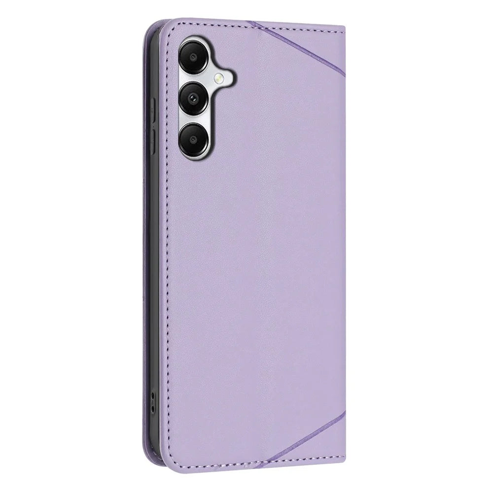 For Samsung Galaxy A27 5G Wallet Case Line Imprinted Leather Stand Phone Cover with Wrist Strap - Purple - 7