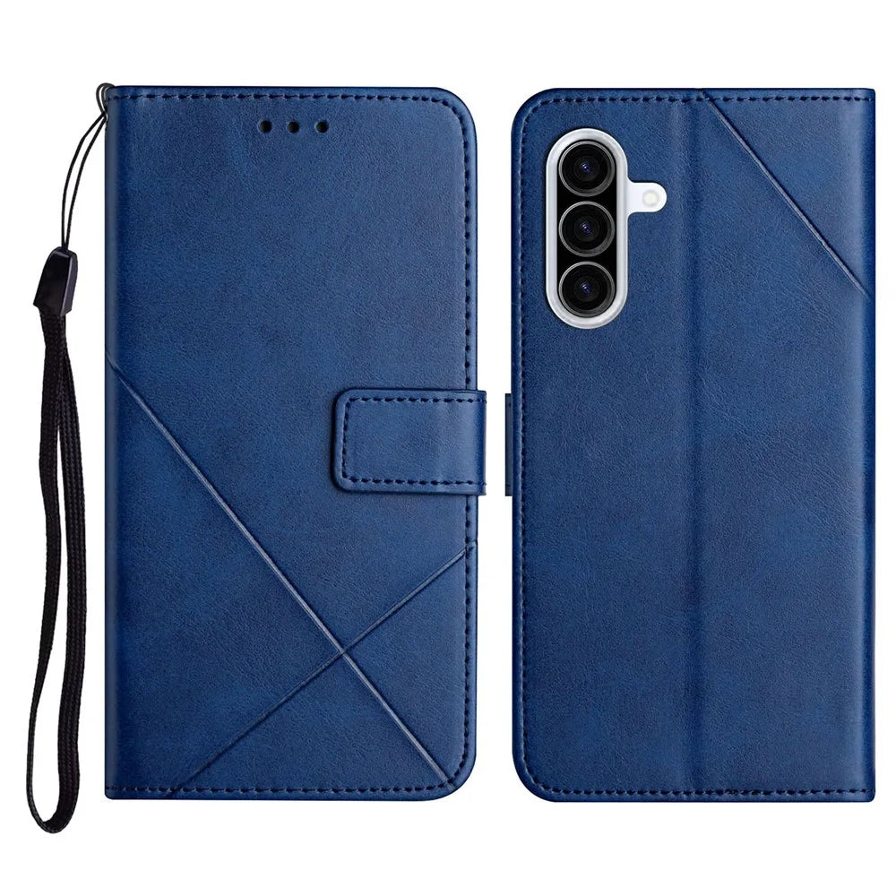 For Samsung Galaxy A27 5G Case Line Pattern Wallet Leather Phone Cover with Wrist Strap - Blue - 1
